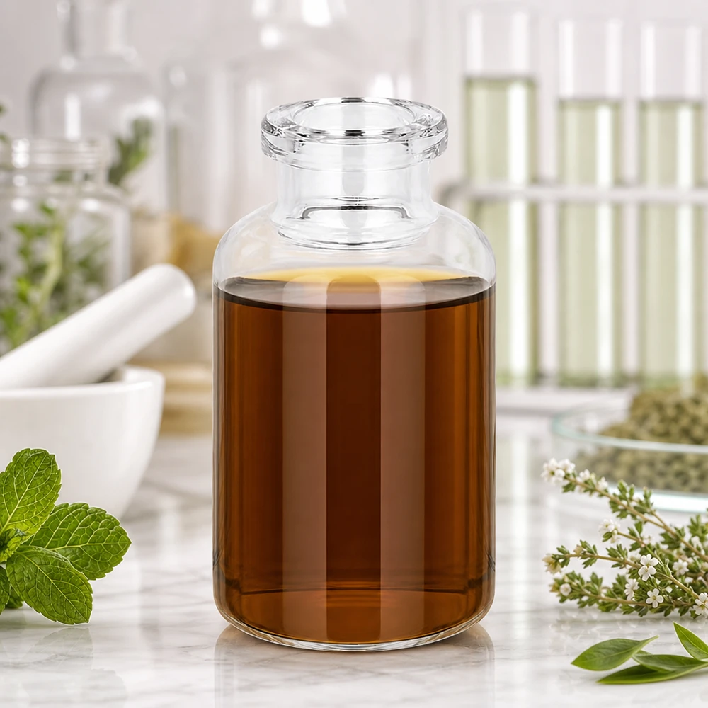 Injektiopullo kirkasta lasia 20ml Injektionsflasche 20ml Klarglas mit dunkelbraunem Pflanzenextrakt und Minze Thymian Dekoration