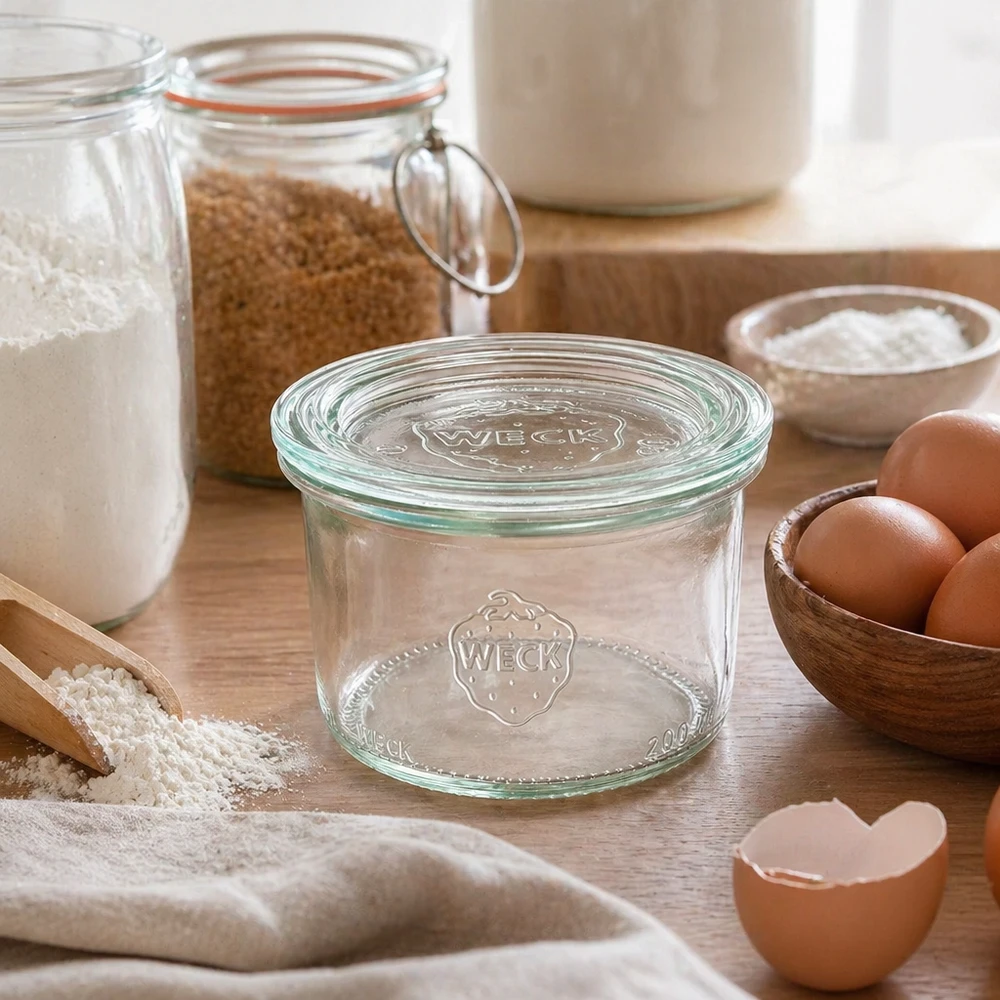WECK 200ml RR80 muuripurkki lasikannella maalaismaisessa keittiössä leivonta-aineiden, jauhojen, munien ja säilytyspurkkien välissä.