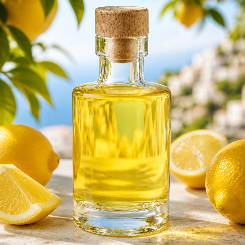 100ml lasipullo Marie, jossa on puukorkki, täynnä keltaista öljyä, jota ympäröivät sitruunat Välimeren ilmapiirissä.