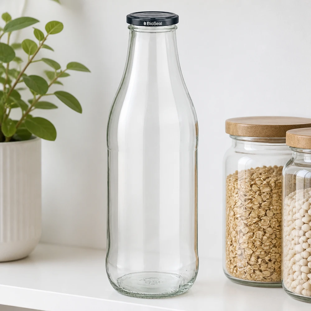 1000ml lasipullo + BioSeal-kansi musta UNiTWIST 1000ml lasipullo BioSeal kansi musta keittiö hylly kaurapuuro valkoinen pavut säilytyspurkit puinen kansi kasvi