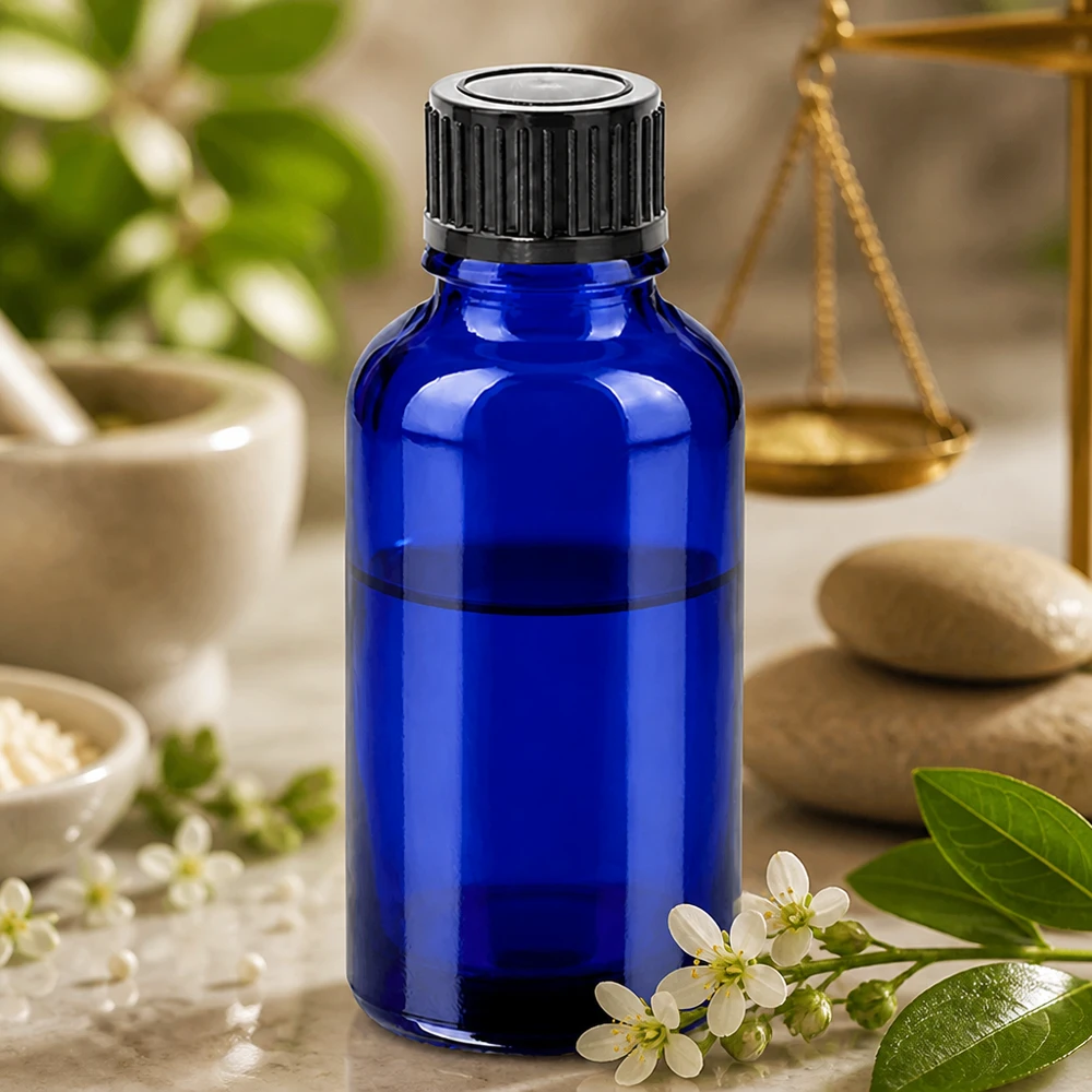 30ml sininen lasipullo mustalla korkilla ihanteellinen DIY kosmetiikkaan ja luontaistuotteisiin.