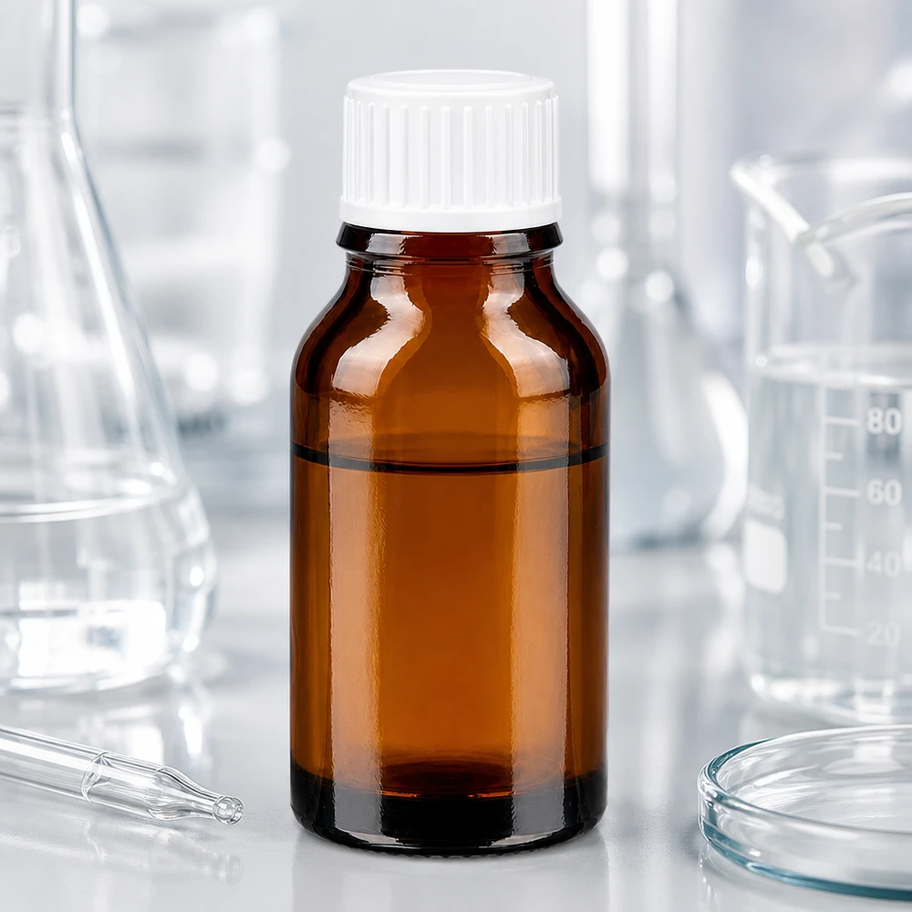 Apteekkipullo ruskea 15ml ruuvikorkki valkoinen standardi Ruskea 15 ml:n apteekkipullo, jossa on valkoinen lapsiturvallinen korkki, laboratorioympäristössä