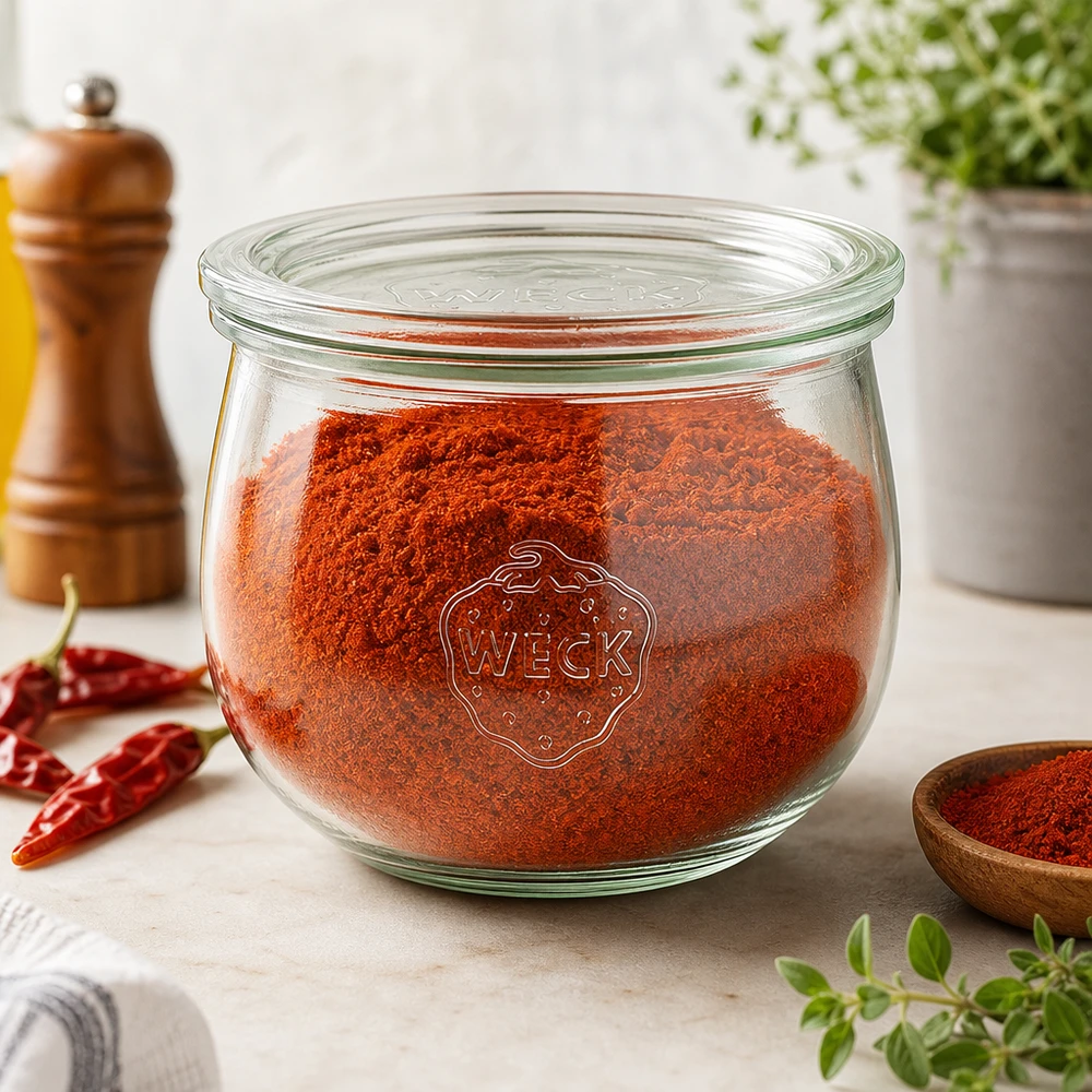 580ml tulppaanipurkki lasikannella WECK RR100 WECK Tulpenglas 580ml RR100 mit rotem Paprikapulver gefüllt als stilvolle Gewürz-Aufbewahrung in der Küche