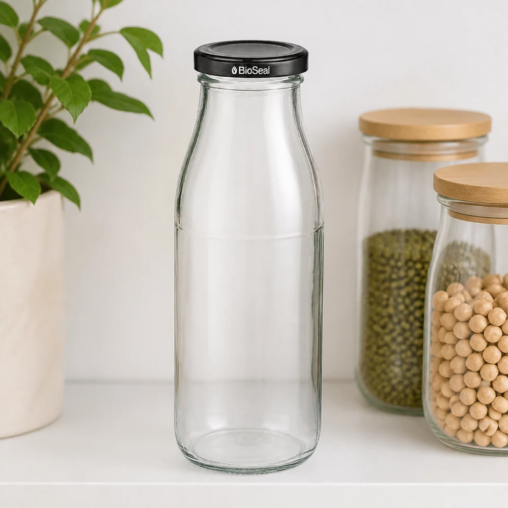 500ml lasipullo + BioSeal-korkki musta UNiTWIST 500 ml:n lasipullo, jossa on musta BioSeal-kansi, keittiössä palkokasvien ja kasvien säilytyspurkkien vieressä.