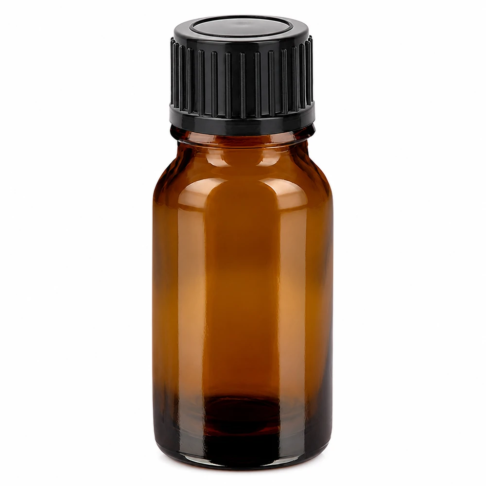 10ml meripihkanvärinen lasipullo mustalla kierrekorkilla eteerisille öljyille ja kosmetiikalle.