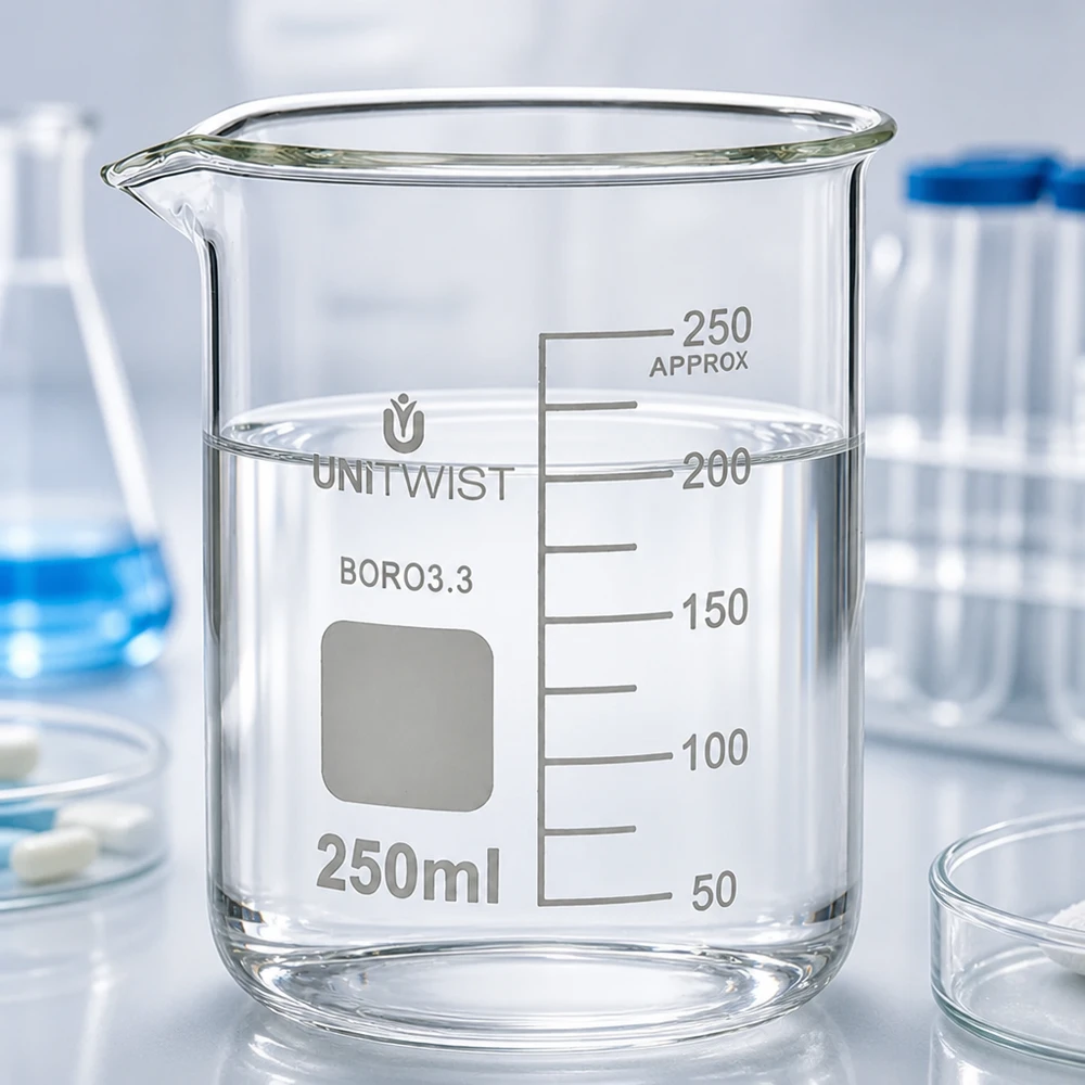 250 ml borosilikaattilasi, matala muotti UNiTWIST 250 ml:n matala koeputki, joka on täytetty puhtaalla vedellä 200 ml:n merkintään asti laboratoriossa