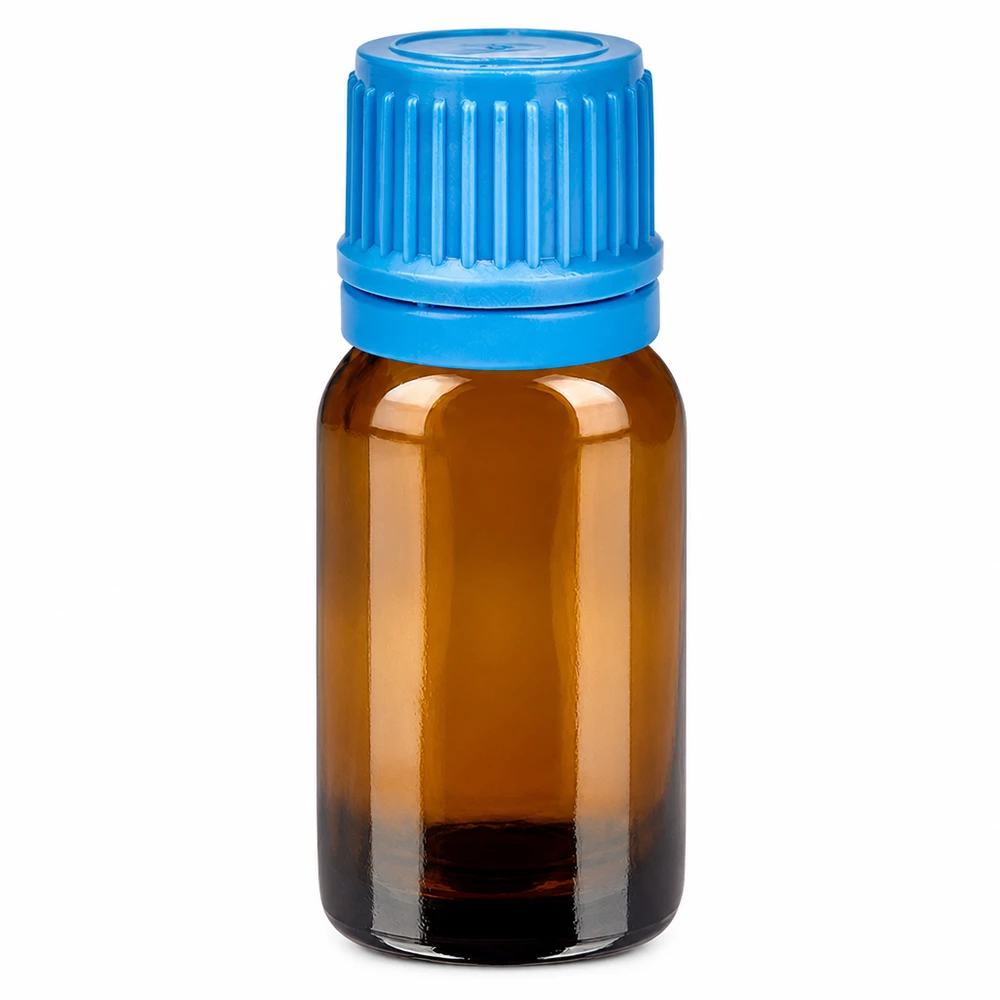 10ml ruskea lasipullo sinisellä kierrekorkilla eteerisille öljyille ja kosmetiikkatuotteille.