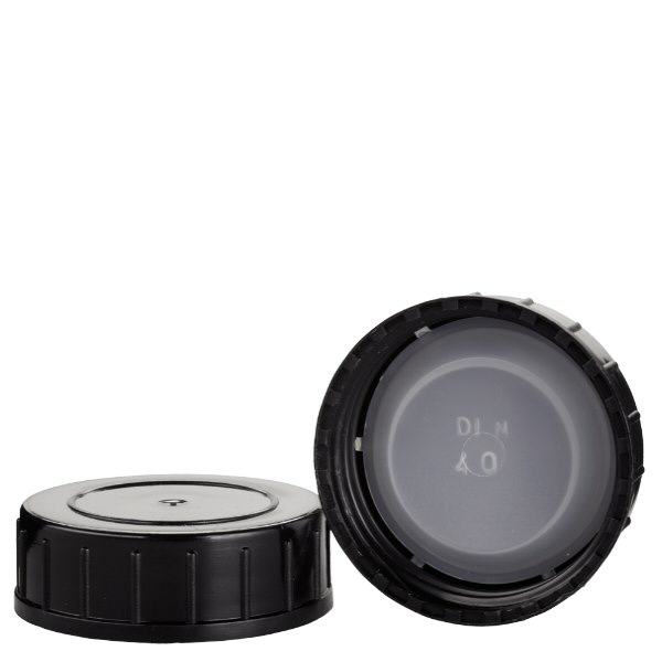 Musta ruuvikorkki polypropeenista N 40mm (DIN 40). Musta ruuvikorkki polypropeenista N 40mm (DIN 40).