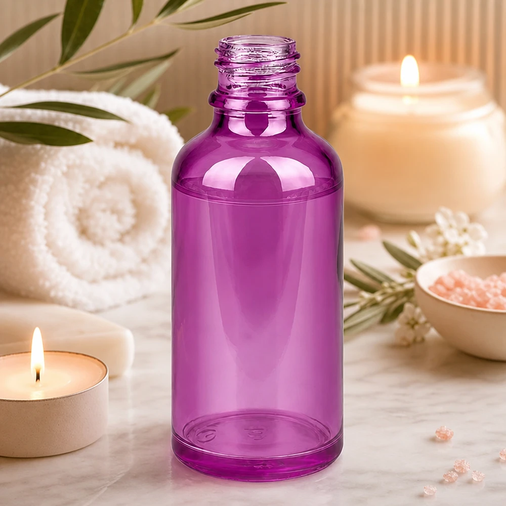 Korkealaatuinen 50ml PurpleLine UT18/50 lasipullo säteilevässä violetissa värissä kylpylä- ja wellness-käyttöön.