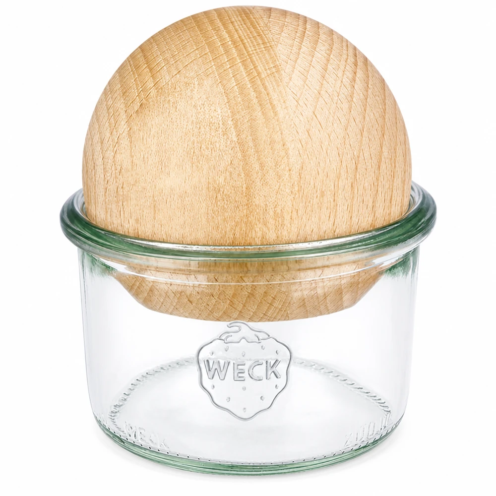 200ml juomalasit WECK RR80 puupallolla pyökki WECK tumblers 200ml RR80, jossa on puupallo pyökkikansi, kirkas lasi, jossa on WECK-logo, kestävä säilytysastia