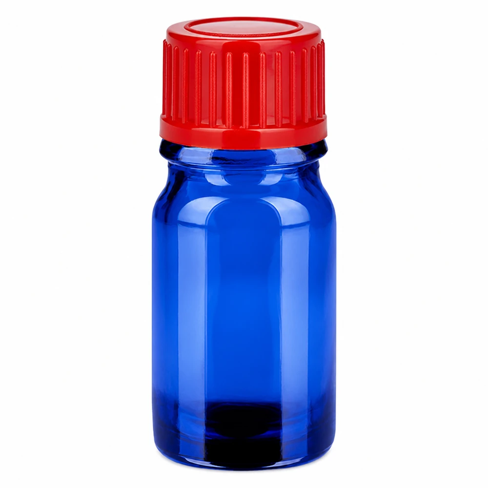 5ml sininen lasipullo punaisella kierrekorkilla 11mm SV laboratoriosovelluksiin.