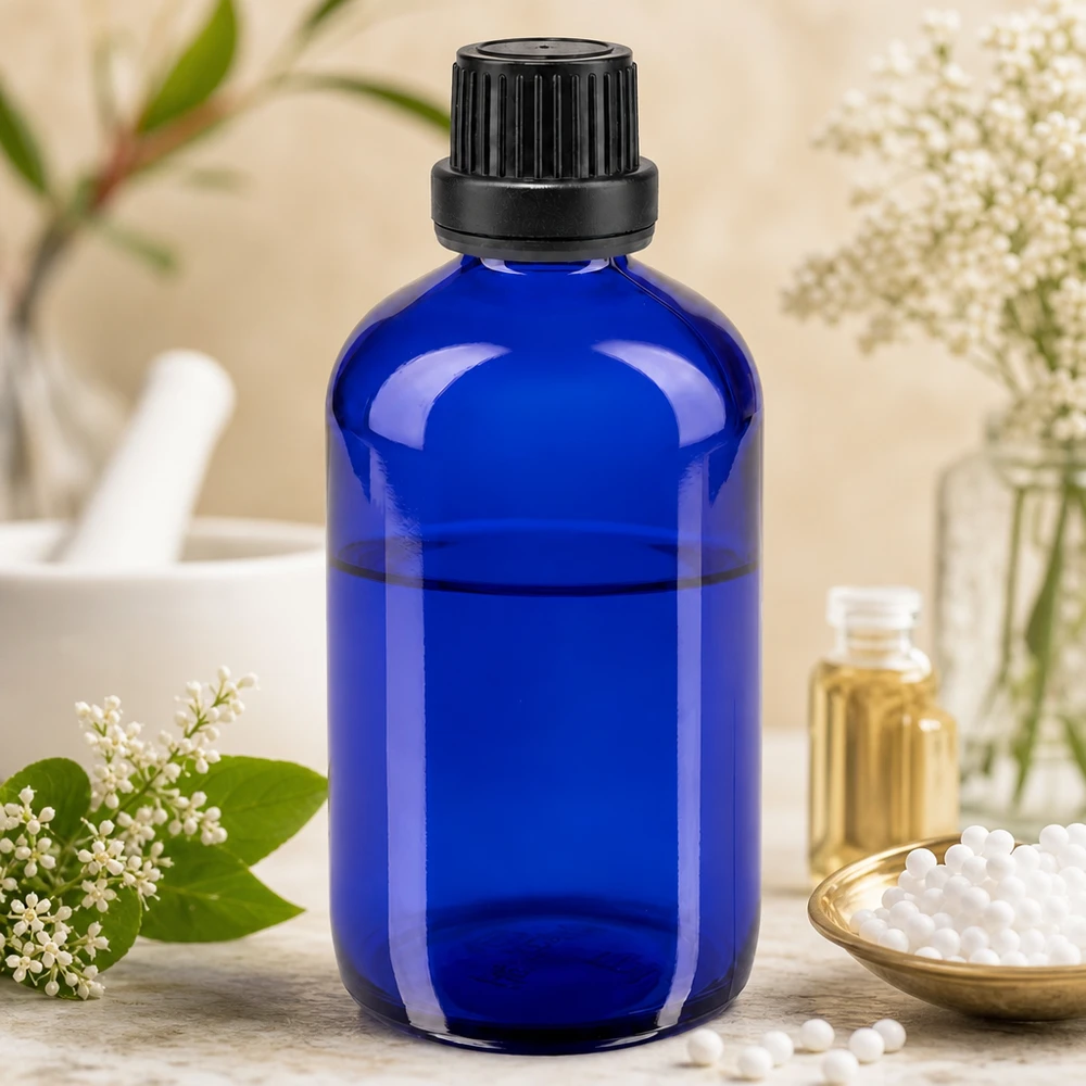 Sininen lasipullo, 100 ml, mustalla tippakorkilla, taustalla mortteli ja survin