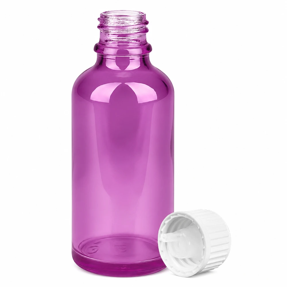 Tyhjä 50ml violetti lasipullo tippakorkilla eteerisille öljyille ja seerumeille.