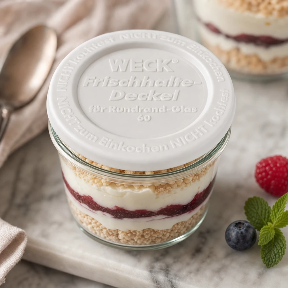 WECK Frischhaltedeckel RR60 Dessertglas Schichtdessert Tiramisu Beeren Mint dekorative Präsentation Küchenstil