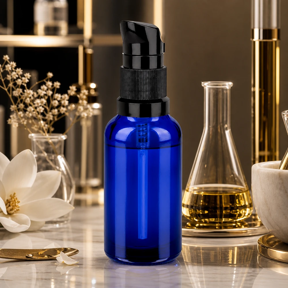 30ml pumppupullo musta vakiokorkki BlueLine UT18/30 Premium 30ml pumppupullo, jossa on mattamusta pumppu ylelliseen seerumipakkaukseen.