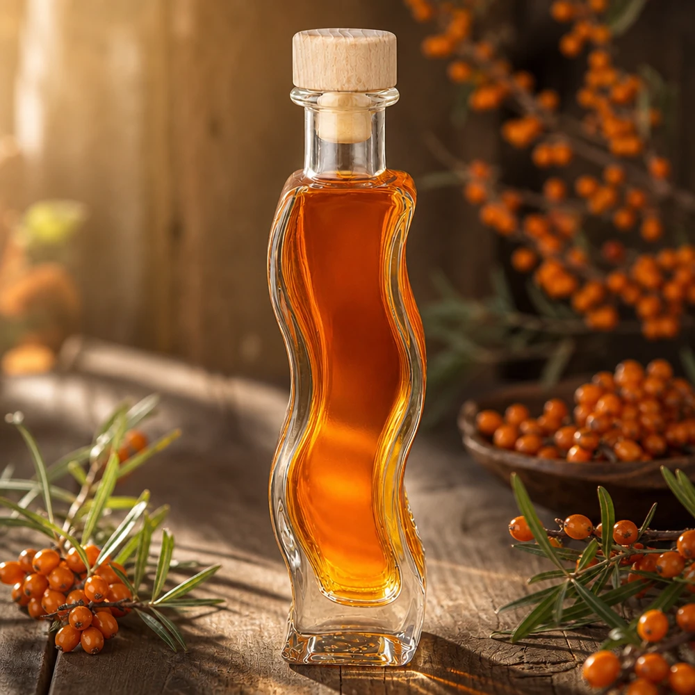 Lasi pullo Melissa 100ml täynnä tyrniöljyä tyrni oksien välissä luonnollinen koristelu puinen korkki puinen korkki