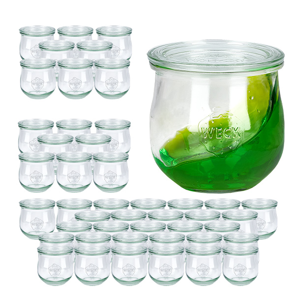 48 Weck-purkin setti 370ml tulppaanipurkki, jossa on 48 lasikantta.