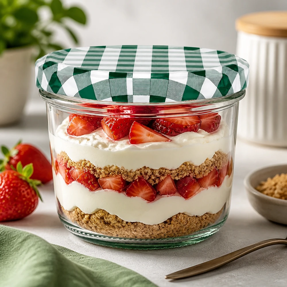 230ml jälkiruokapurkki mansikka trifle kerroksellinen jälkiruoka BasicSeal kansi vihreä ja valkoinen ruudullinen jälkiruokakeittiö