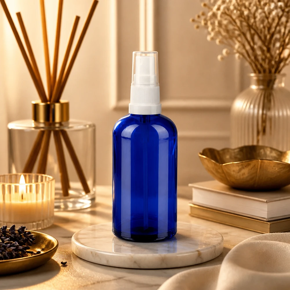 100ml suihkepullo valkoinen/läpinäkyvä vakiokorkki BlueLine UT18/100 100ml lasipullo, jossa on suihkupumppu tyylikkään sinisellä värillä korkealaatuisille kosmetiikkatuotteille.