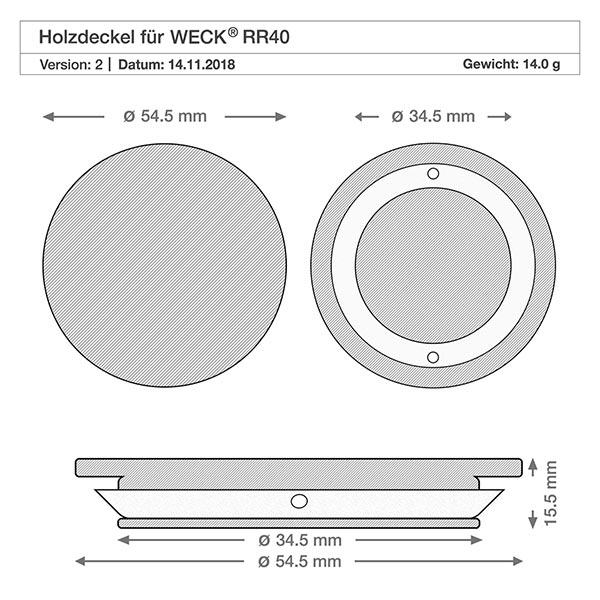 Puinen kansi (pyökki) painamaton WECK RR40:lle. Tekninen piirustus puinen kansi WECK RR40 mitat halkaisija 54,5mm ja 34,5mm korkeus 5mm paino 14g