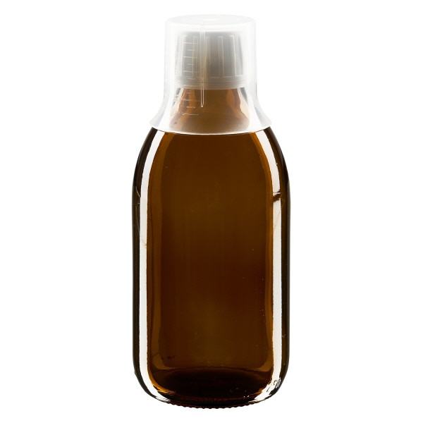 250ml lääkepullo ruskea, korkki, jossa annostelukuppi 30ml ApoGlas