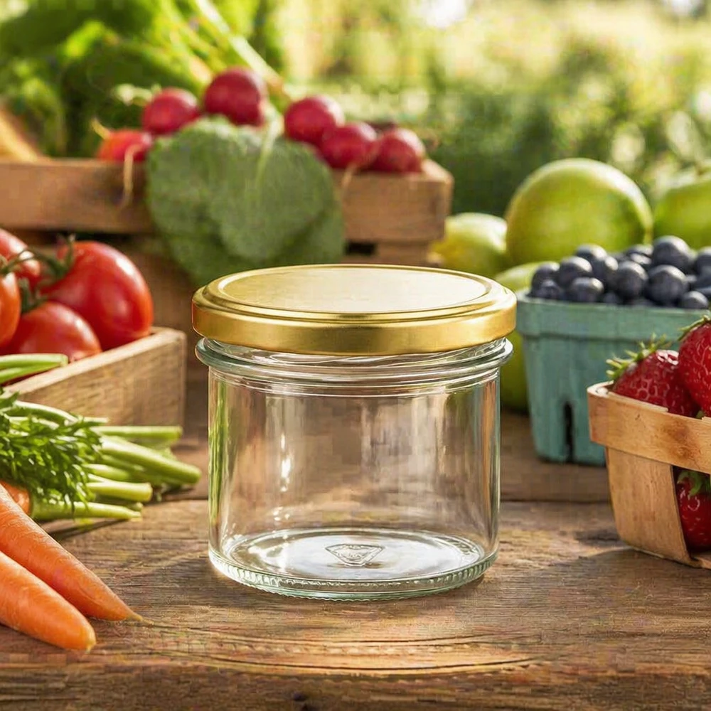 125 ml:n juomapullot, joissa on kultainen BasicSeal-kansi UNiTWIST. 125ml Sturzglas mit goldenem Deckel zwischen frischem Obst und Gemüse - ideal für hausgemachte Marmelade