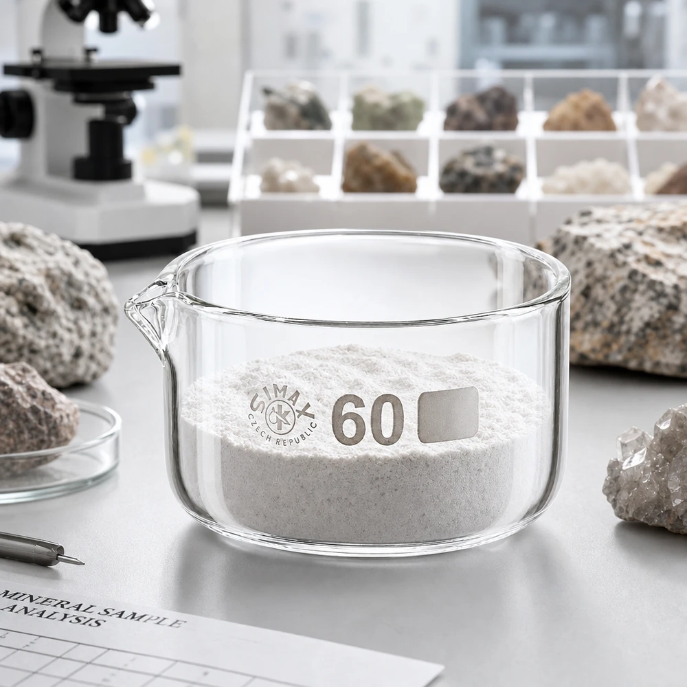 60ml kiteytysastia, jossa on borosilikaattikannu ø60mm Simax-kiteytysastia 60 ml, valkoista mineraalijauhetta, laboratorioanalyysi, litteä lasiastia, borosilikaattilasi