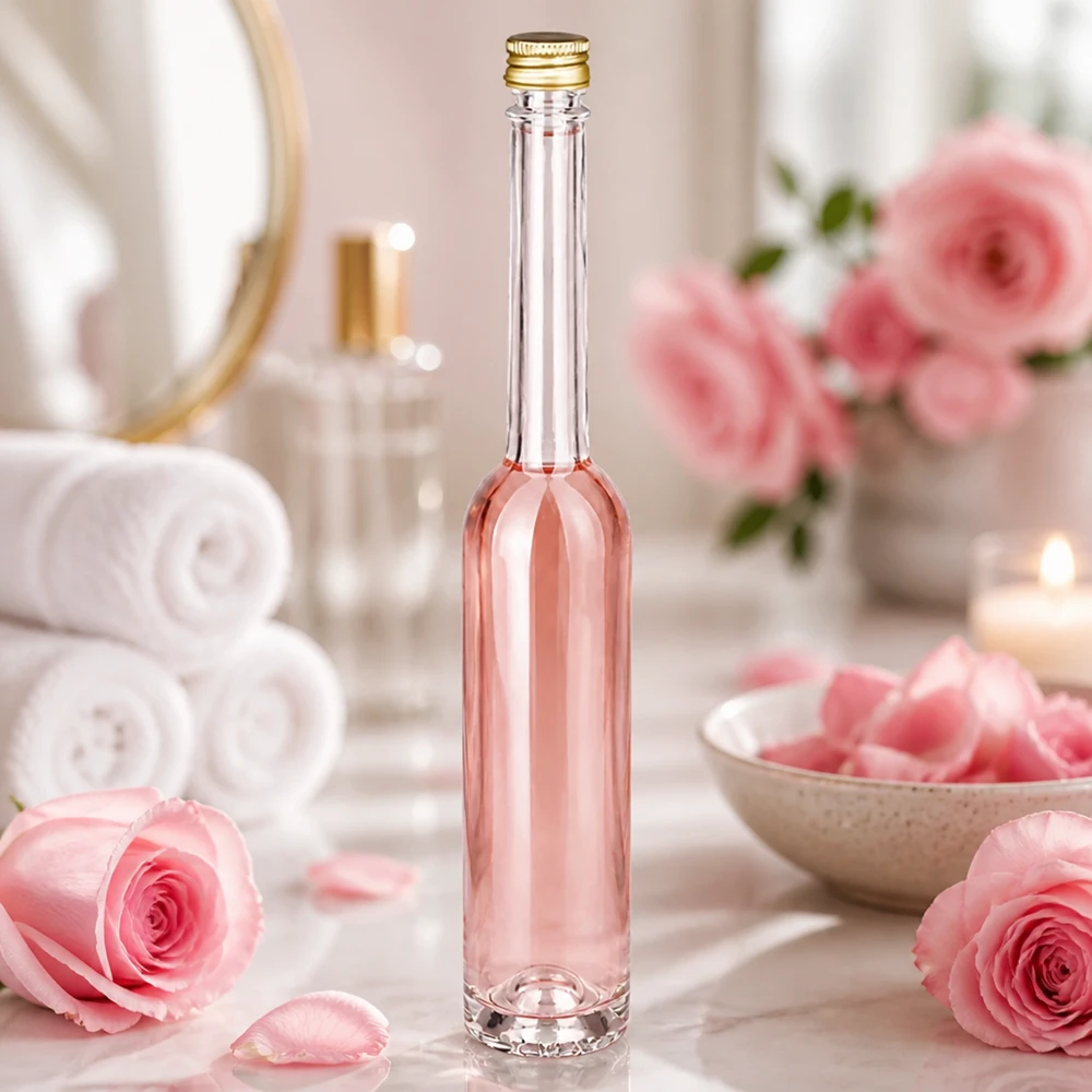 100ml Toni-lasipullo, jossa on vaaleanpunaisen väristä nestettä wellness-kylpylätunnelmassa - UNiTWIST kultakorkki ruusujen välissä.