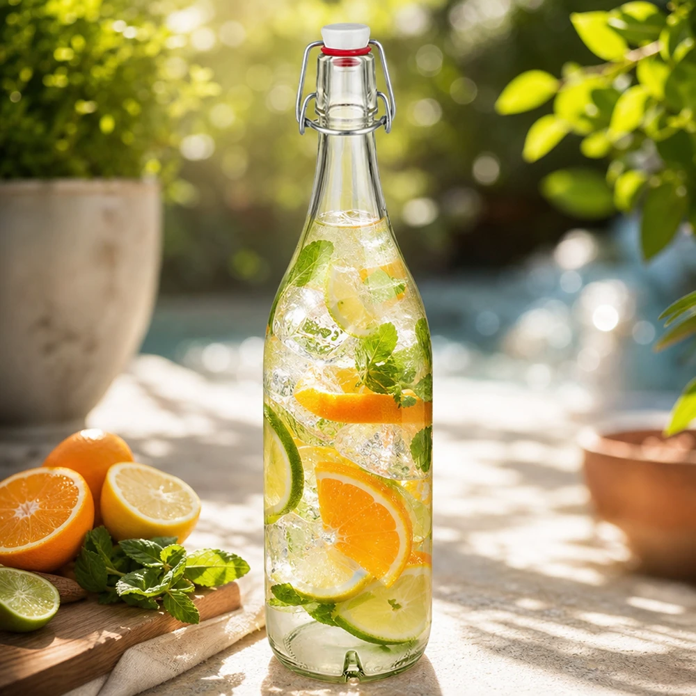 1000ml lasipullo + keinuposliini UNiTWIST UNiTWIST 1000ml lasipullo, jossa on keinukorkki, täynnä sitrushedelmäboolia appelsiini-lime-minttu aurinkoisella terassilla