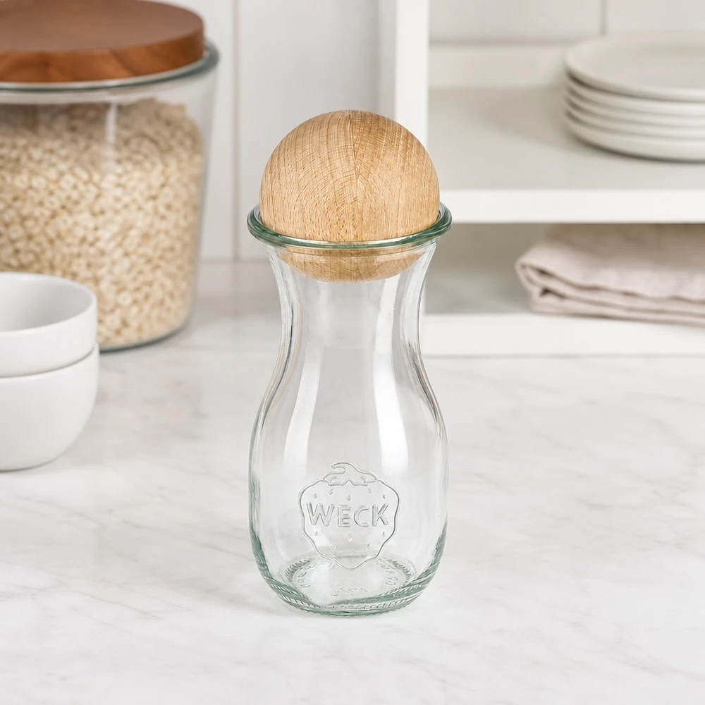 290ml mehupullo WECK RR60, jossa on puupallo pyökkiä WECK lasipullo 290ml RR60 pyökkipuupallolla valkoisessa keittiössä säilytyspurkkien ja astiapinon vieressä.