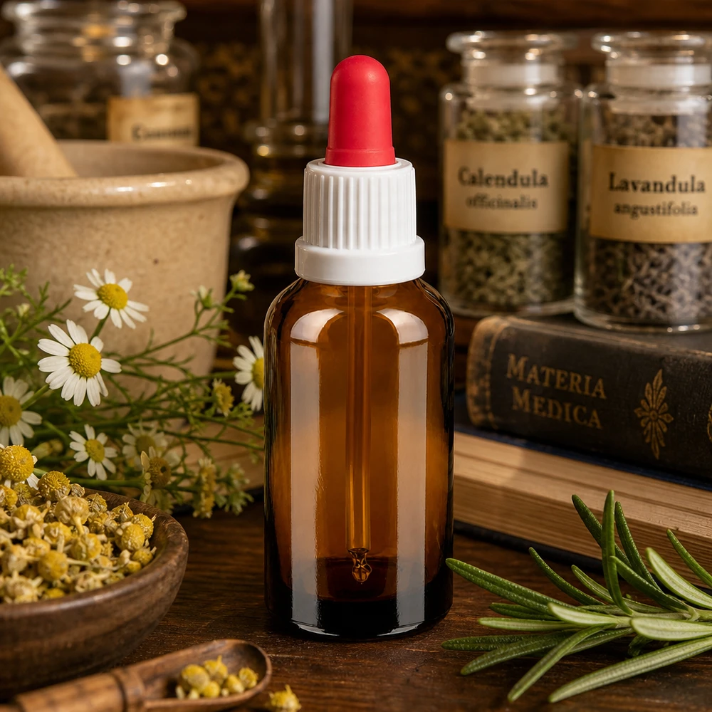 Pienikokoinen 30ml pipettipullo BrownLine-sarja, jossa on valkoinen korkki ja punainen kärki luonnonkosmetiikkaan.