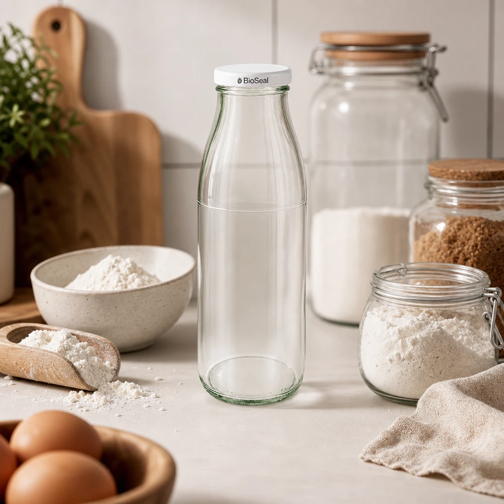 500ml Glasflasche mit weißem BioSeal Deckel in skandinavischer Küche zwischen Mehl, Eiern und Vorratsgläsern