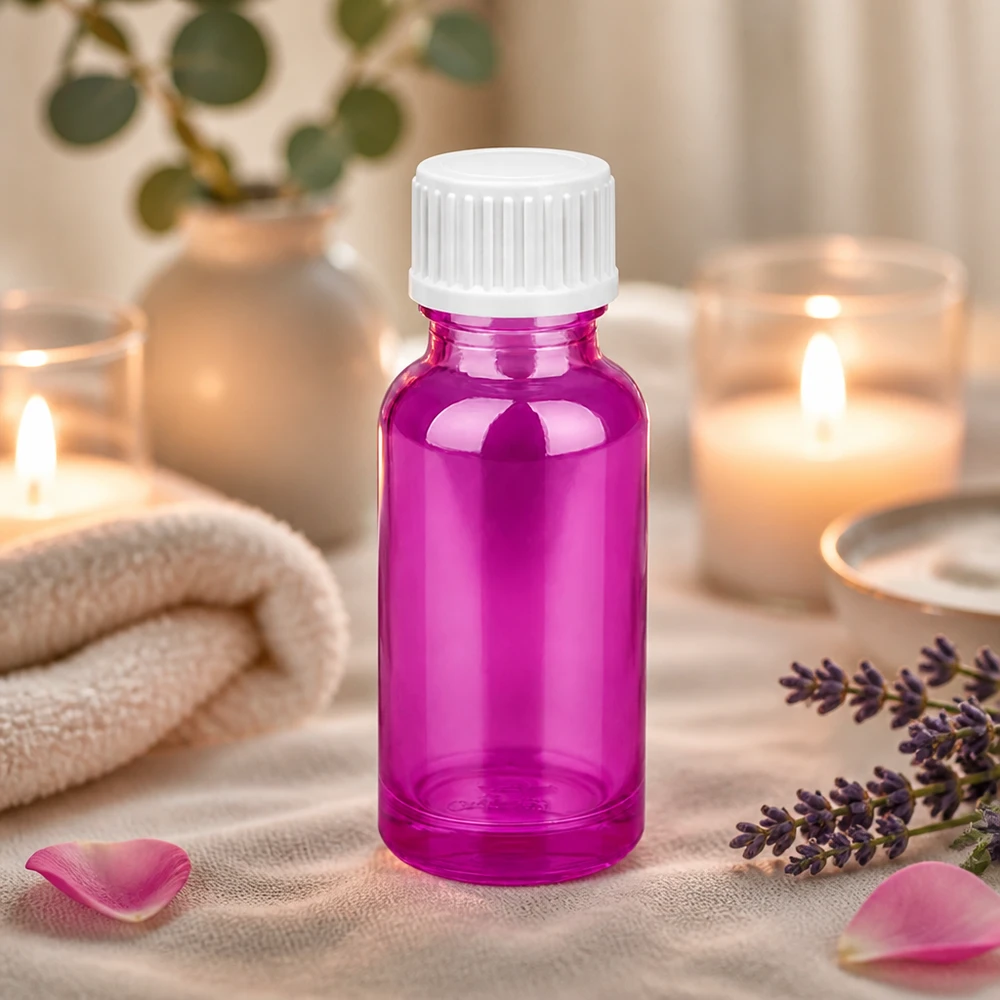 20ml (pallopullo) pullo 3mm kaaderengas valkoinen standardi PurpleLine.UT18/20 Laadukas 20ml lasipullo tyylikkäässä violetissa värissä, jossa on lapsiturvallinen kierrekorkki.