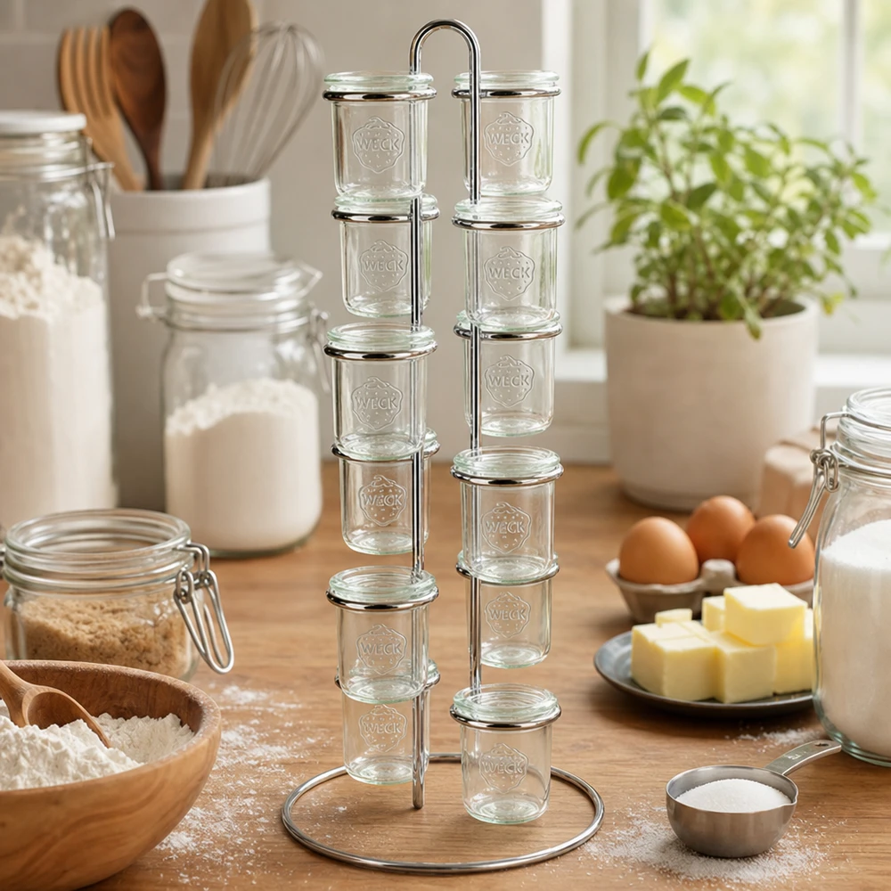 Vertico12-tarjoiluteline 12 WECK-maljalle. Backzutaten-Organisation mit WECK Vertico12 Gestell umgeben von Mehl Eiern Butter in heller Küche zeigt Backvorbereitung