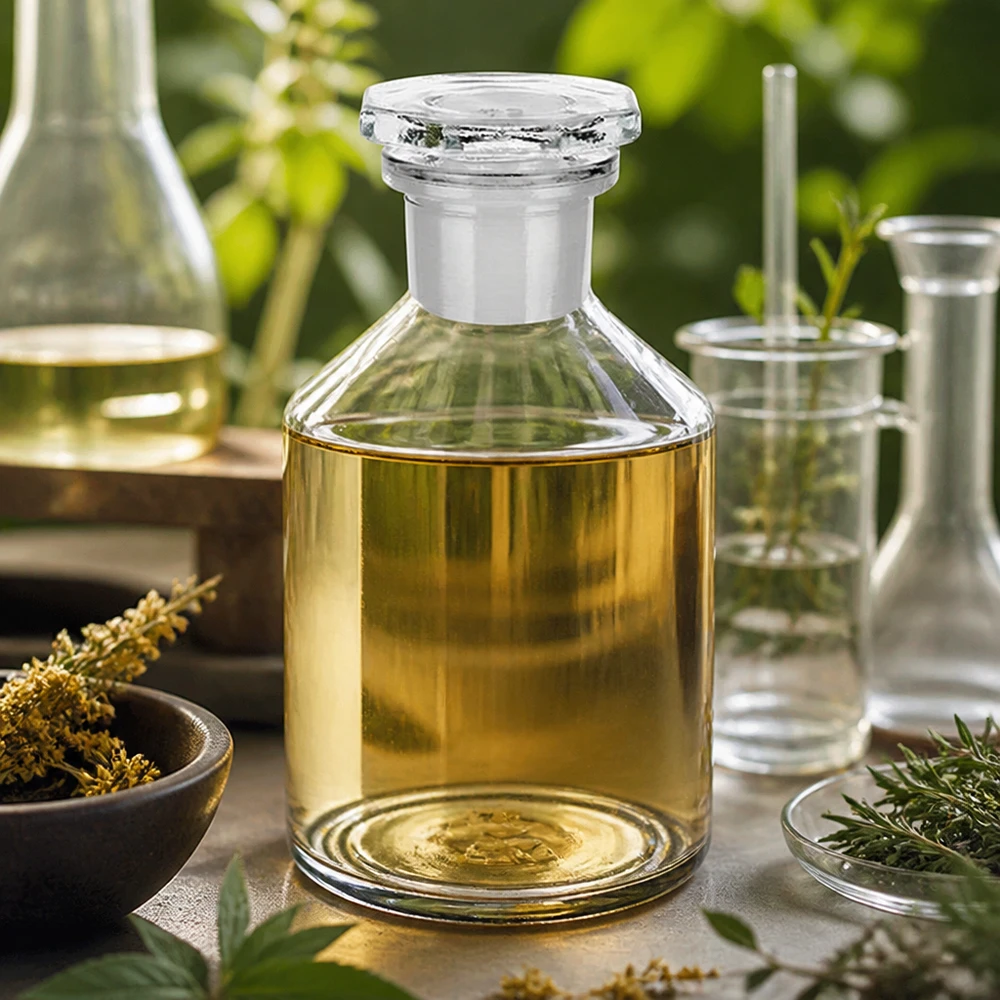 Jyrkkäkaulainen pullo 50ml kirkas kapeakaulainen lasitulppa Läpinäkyvä, jyrkärintaisen muotoinen 50 ml:n pullo, kapeakaulainen, lasikorkilla ja kullankeltaisella sisällöllä