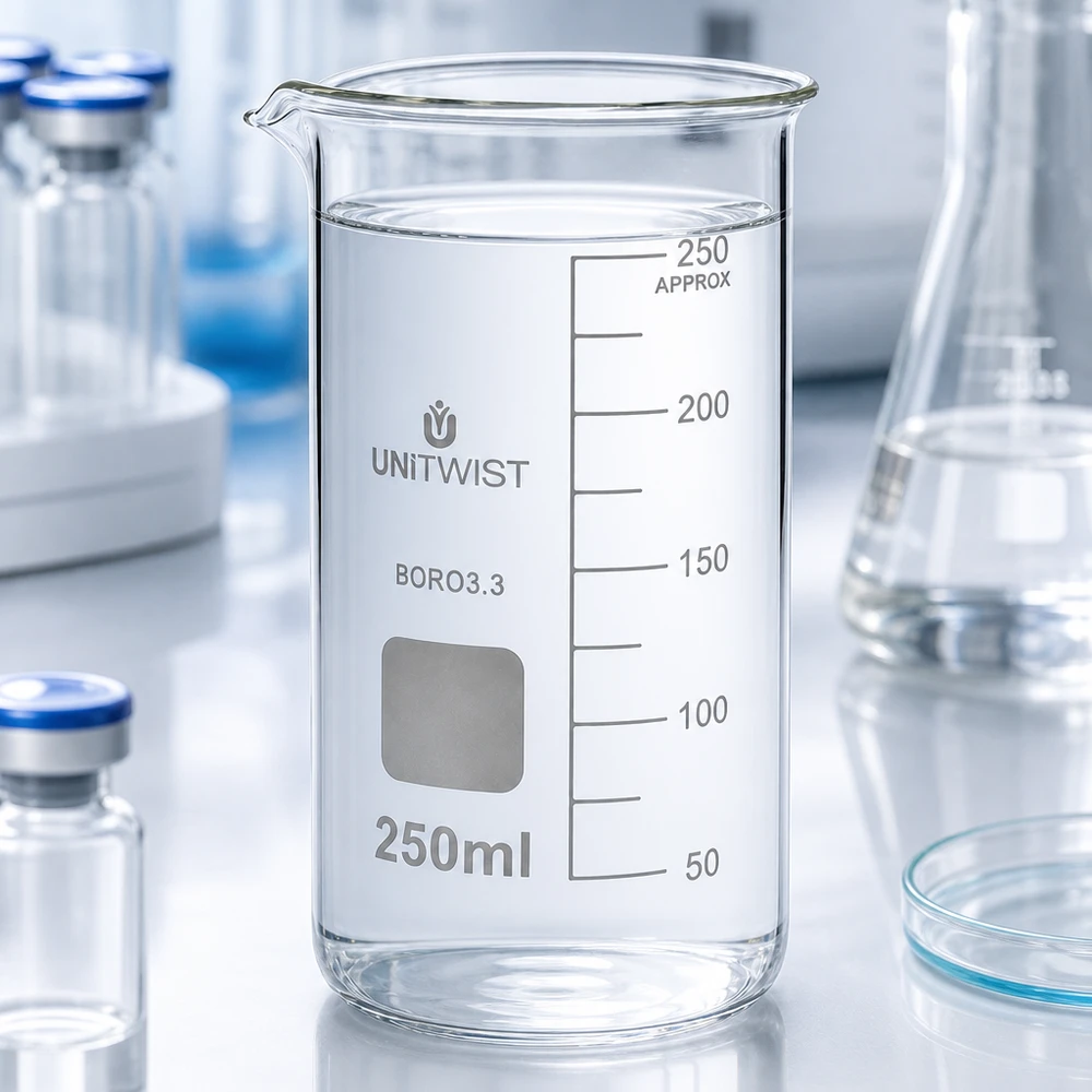 Lasi 250ml borosilikaatti, korkea muotti UNiTWIST UNITWIST-mitta-astia, 250 ml, korkea malli, borosilikaattilasia, valkoisella merkintäalueella ja millimetrimittakaavalla