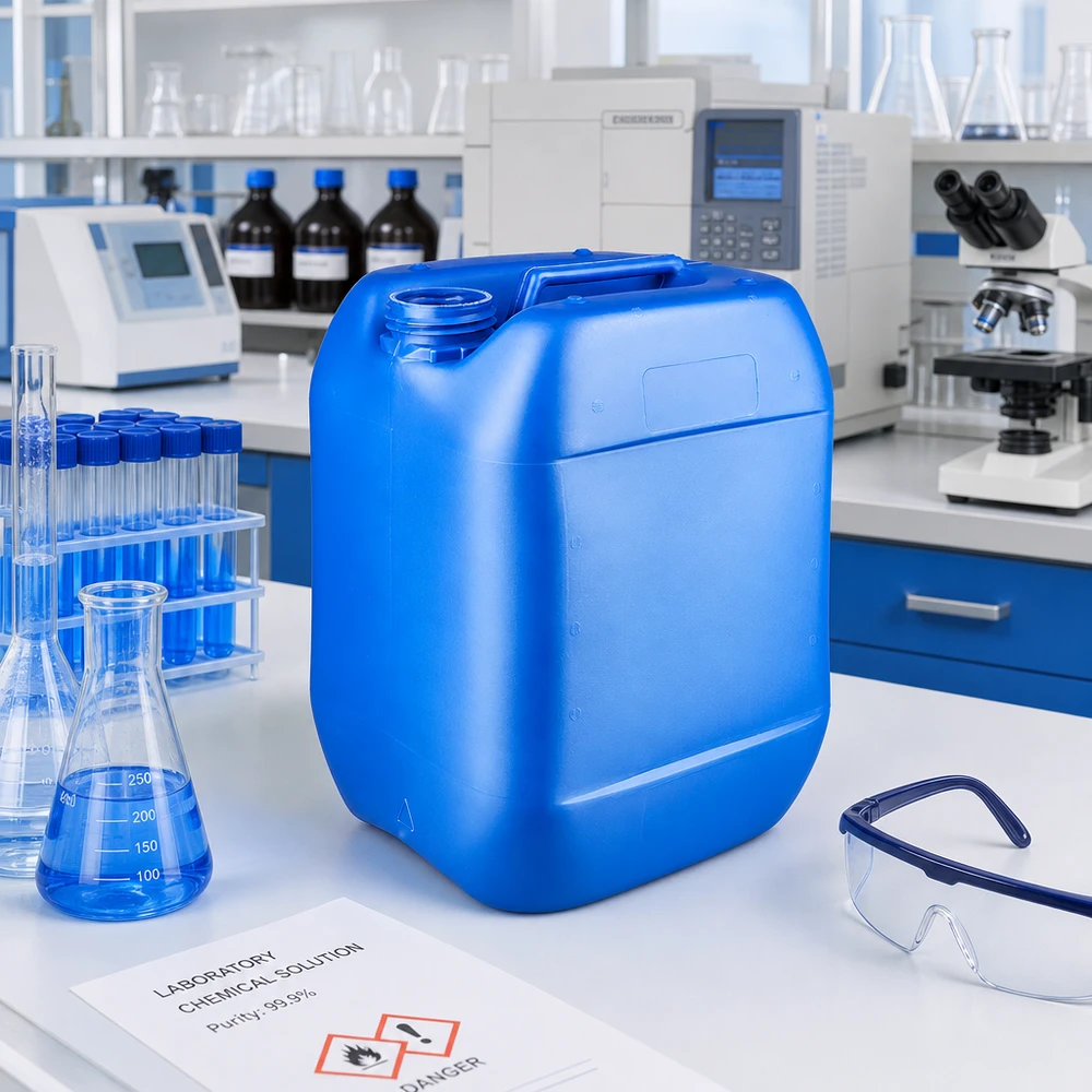 Sininen 10 litran kanisteri ilman korkkia valkoisella laboratoriopöydällä Erlenmeyer-pullon vieressä