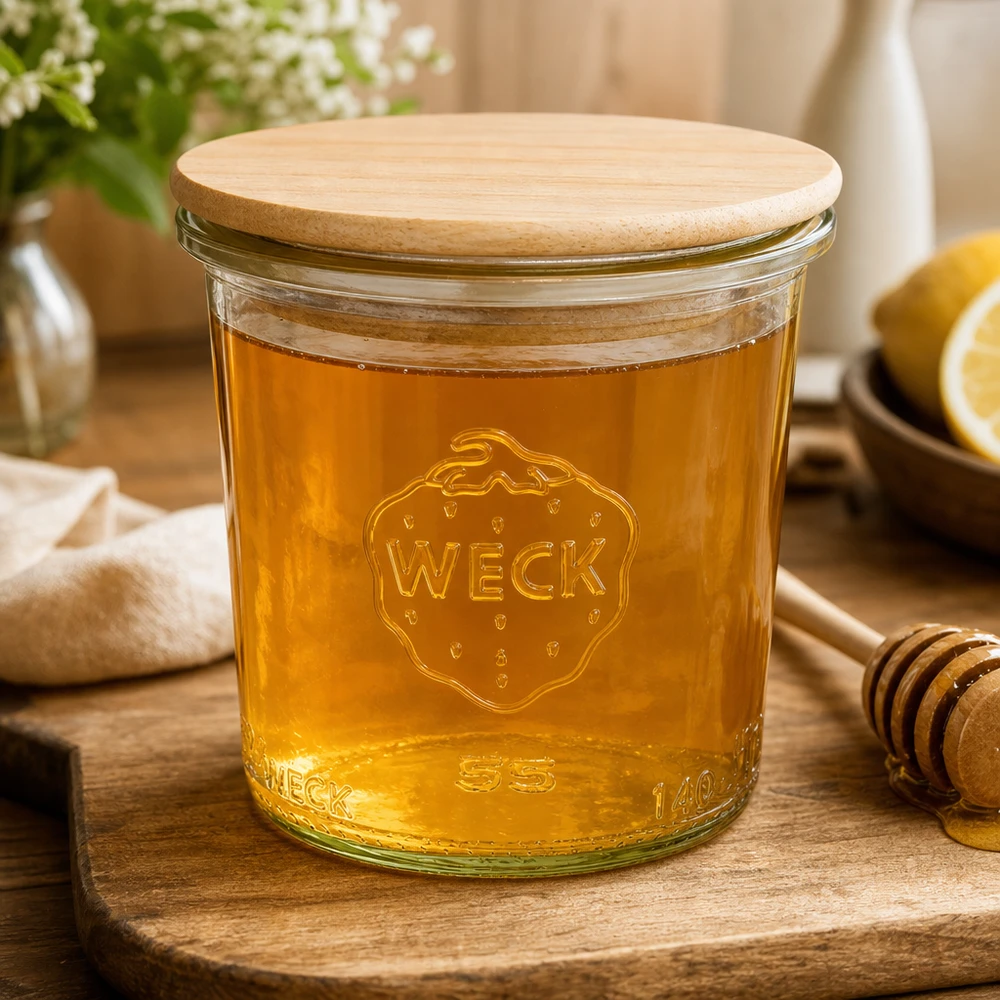 140ml juomapullot WECK RR60 puukannella varustettuna. WECK 140ml RR60-purkki täynnä hunajaa ja puinen kansi osoittaa monipuolisuuden makeiden levitteiden valmistukseen.