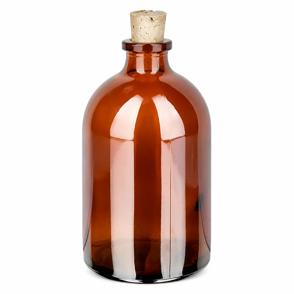 Meripihkanvärinen lasipullo 100ml korkilla 11/14mm Medizinflasche Braunglas 100ml mit engem Hals und Korkstopfen 11/14mm Laborqualität