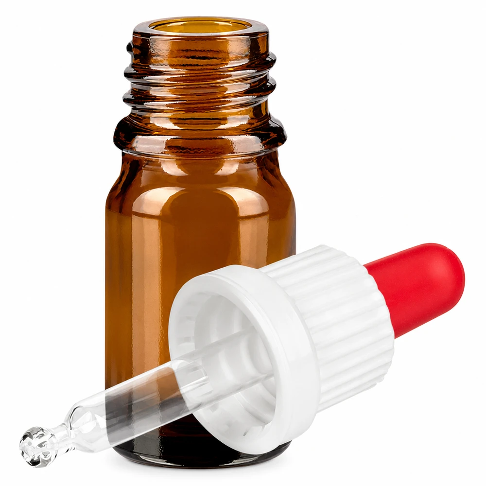 Ruskea 5 ml:n lasipullo pipettikorkilla OV BrownLine UT18/5 tarkkaan nesteen annosteluun.