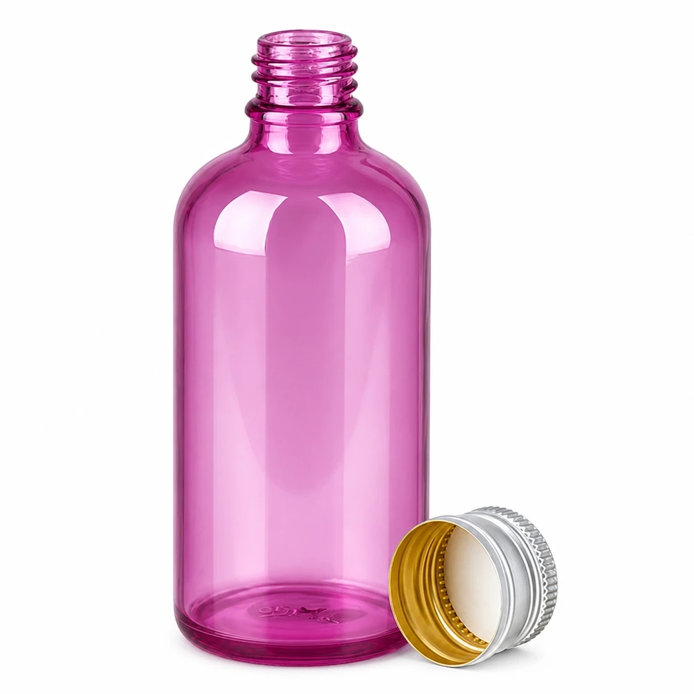 Violetti lasipullo 100ml hopeisella kierrekorkilla eteerisille öljyille ja seerumeille.