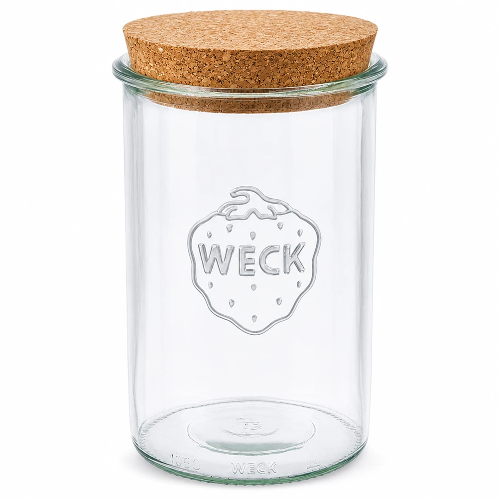 1000 ml:n juomalasit WECK RR100 korkilla luonnonväriset 1000ml WECK RR100 tumble purkkipurkki, jossa on luonnonkorkkikansi läpinäkyvä säilöntäpurkki säilytyspurkki WECK-logolla varustettuna.