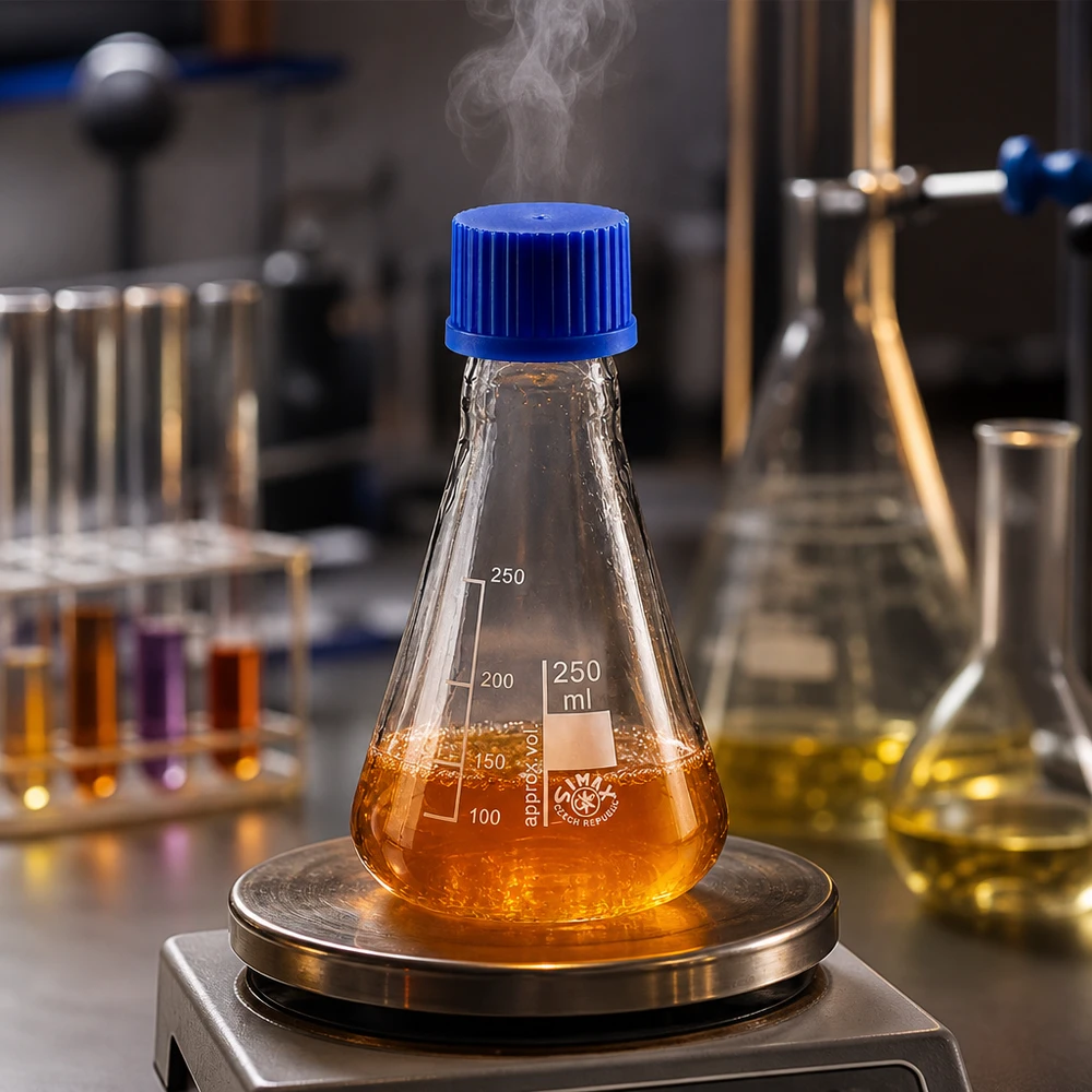Erlenmeyer-pullo 250ml, jossa on kierrekorkki. Erlenmeyer-pullo 250 ml, jonka sisältö on oranssia ja joka on laboratoriossa lämpölevyllä.