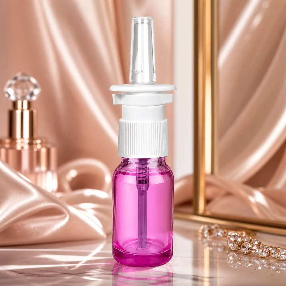 10ml nenäsumutinpullo valkoinen/läpinäkyvä standardi PurpleLine. UT18/10 Premium 10ml nenäsumutepullo, jossa on valkoinen pumppu tyylikkäässä violetissa lasimuotoilussa terapiaa varten.