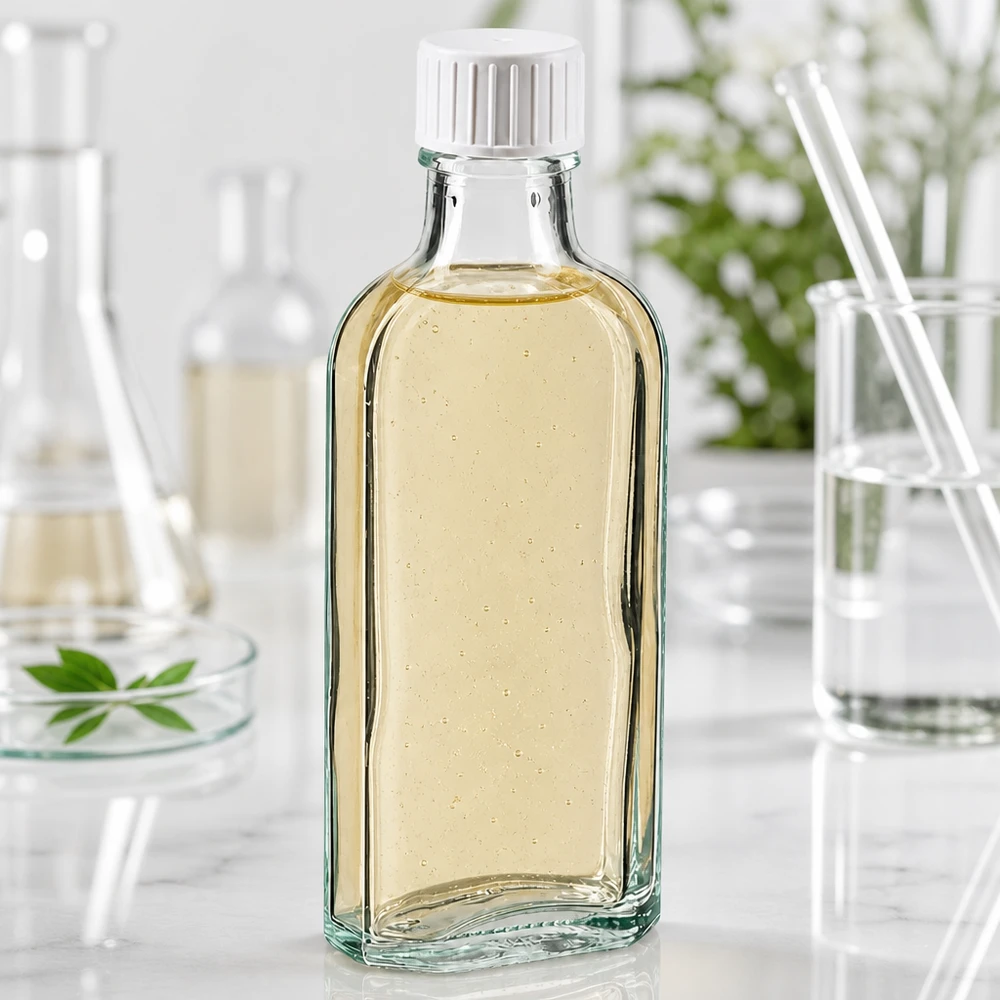 100 ml Meplat-kirkas kierrekorkki, jossa on kaaderengas. Litteä 100 ml:n Meplat-lasipullo, jossa on kierrekorkki ja keltaista luonnonuutetta, laboratorioympäristössä