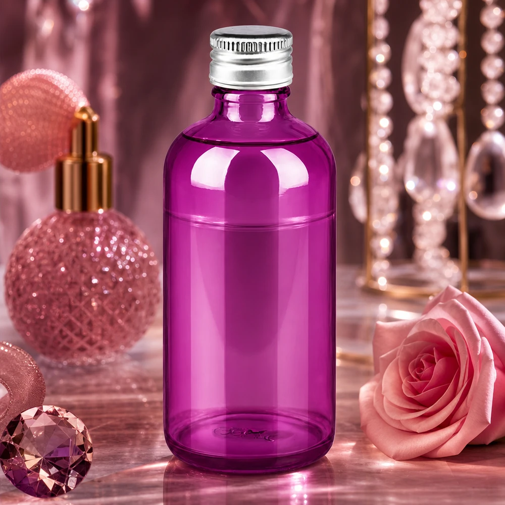 100ml pullo. 11mm ruuvikorkki alumiini-hopea vakio PurpleLine. UT18/100 Tyylikäs violetti lasipullo 100ml 11mm vakiokierteellä ammattimaiseen kosmetiikkapakkaukseen