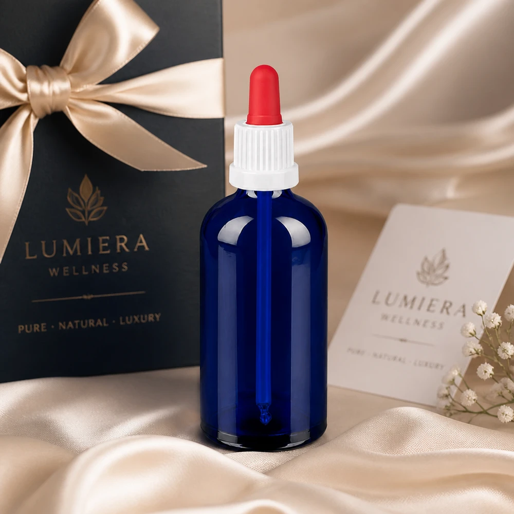 100ml pipettipullo musta valkoinen/punainen väärentämisen estävä sulkeminen BlueLine UT18/100 Tyylikäs 100ml tippapullo sinisestä lasista - ihanteellinen kosmetiikalle ja eteerisille öljyille.