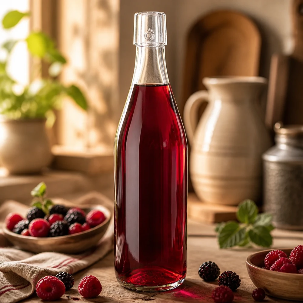 500ml lasipullo ilman kääntökorkkia UNiTWIST 500ml UNiTWIST-lasipullo täynnä punaista marjamehua elämäntapasovelluksena rustiikkisessa keittiössä.