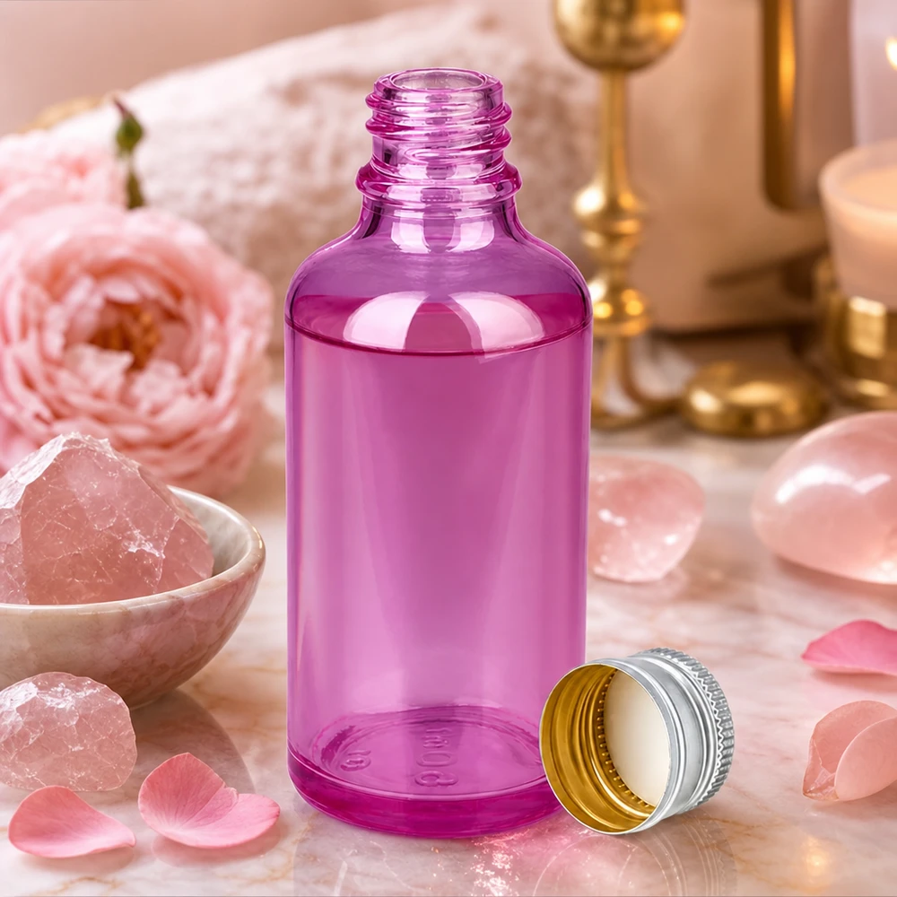 Laadukas 50 ml:n pullo violetista lasista, jossa on tyylikäs alumiinihopea kierrekorkki premium-tuotteille.