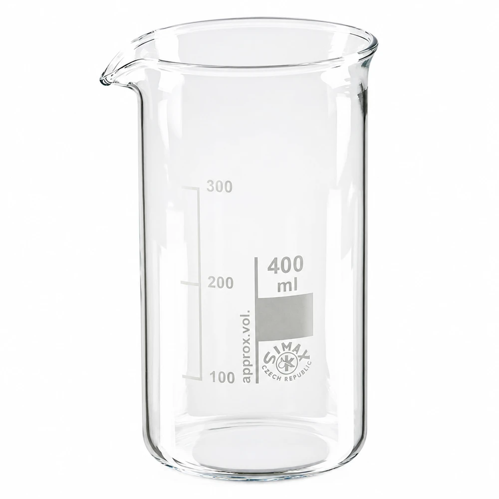 400ml borosilikaattilasi, korkea muotoinen dekantterilasi SIMAX Czech Republicin valmistama 400 ml:n korkea borosilikaattilasinen mittalasi, jossa on asteikko